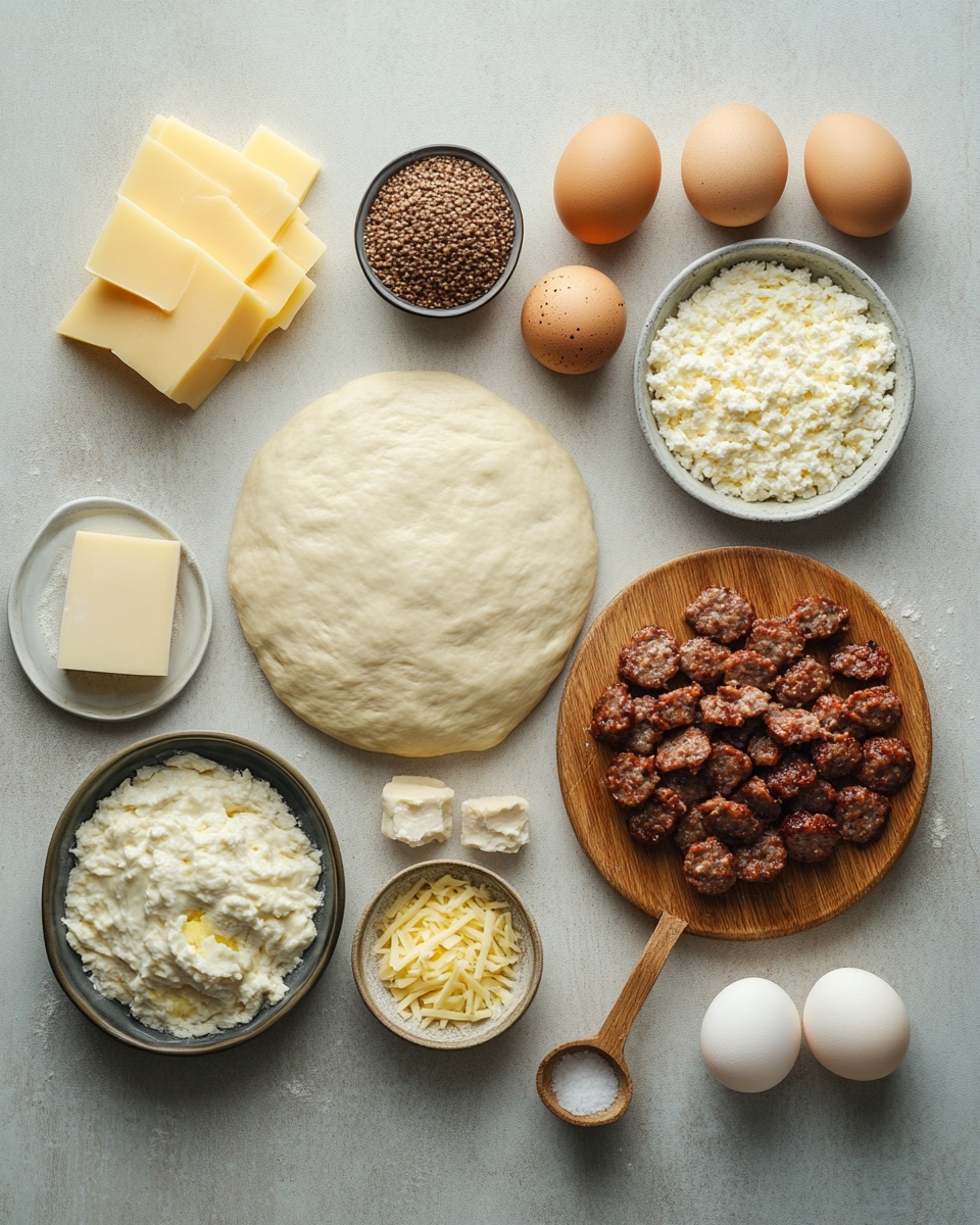 A close-up image shows a sliced savory pastry being lifted by a utensil. The pastry has three main layers: the outer golden-brown crust is crispy with a textured surface, beneath it is a thick, soft, yellow egg layer, and inside is a mix of cooked brown sausage and melted orange cheese that stretches and drips from the slice. The pastry rests on a flat surface with a blurred background, and the focus is on the warm, gooey filling in the center. photo taken with an iphone --ar 4:5 --v 7