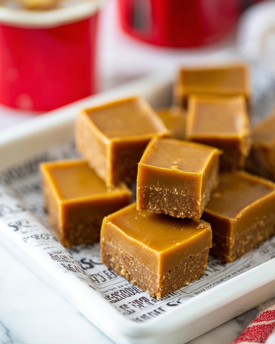 The image shows a white tray with a blue rim holding seven square pieces of brown fudge stacked on top of printed parchment paper. Each fudge piece has two layers: a darker, crumbly bottom layer and a smooth, shiny lighter brown top layer with a few small spots. The surface under the tray is a white marbled texture. In the background, a red container with yellow text is slightly out of focus, adding color contrast. photo taken with an iphone --ar 4:5 --v 7