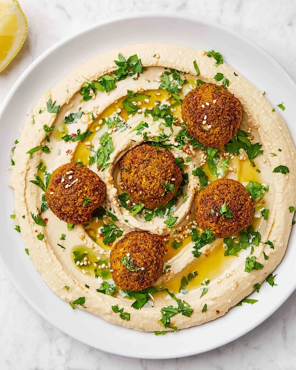A white plate holds about fifteen round falafel balls, stacked loosely in two layers, with a rough and crumbly texture. The falafels show golden brown and slightly darker brown colors, with small green herb pieces scattered inside and sprinkled on top. The background is a white marbled surface with few scattered chickpeas, a small red chili, lemon wedges, and some fresh parsley at the edge of the frame. Photo taken with an iphone --ar 4:5 --v 7