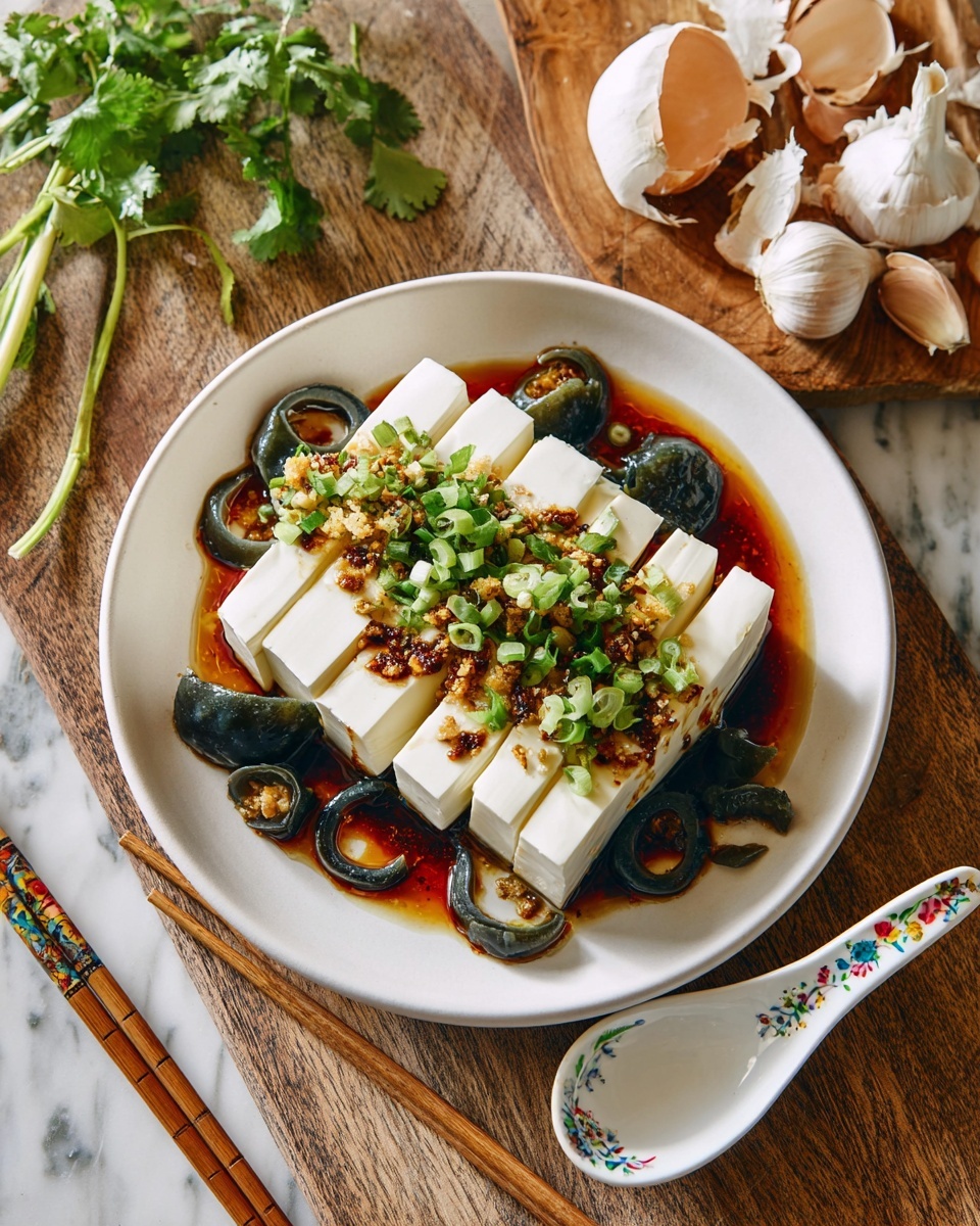 A white plate holds a block of white soft tofu sliced into even thick layers placed in the center. Surrounding the tofu are dark green century egg slices unevenly arranged around the edges of the plate. On top of the tofu, there is a glossy dark red-brown sauce drizzled over the slices, with chopped fresh green spring onions, cilantro, and minced garlic sprinkled generously across the surface. The plate sits on a wooden surface with wooden chopsticks resting on a white porcelain chopstick rest with a colorful pattern in the upper left corner. photo taken with an iphone --ar 4:5 --v 7