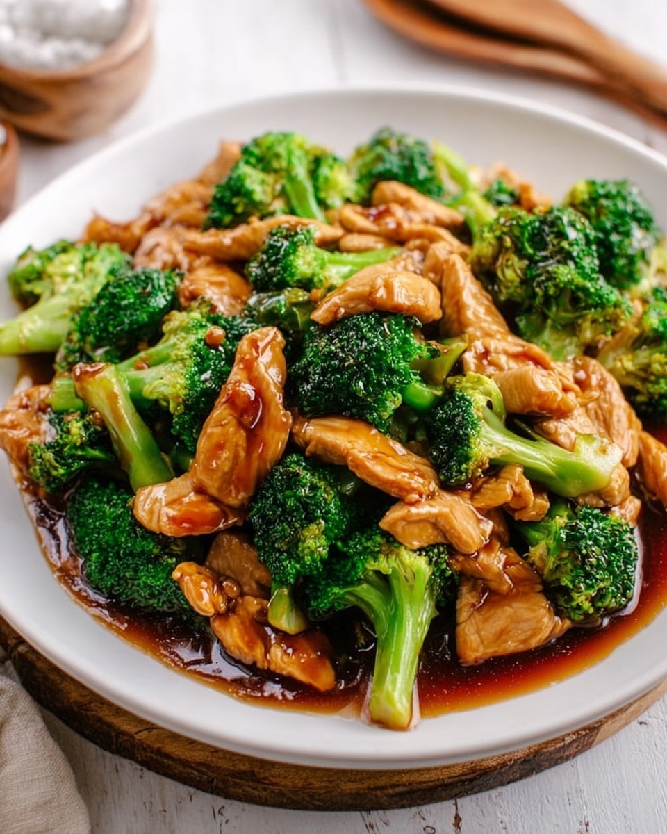 The image shows a white round plate filled with a stir fry dish that has bright green broccoli florets and light brown pieces of chicken mixed in a shiny dark brown sauce, covering the bottom of the plate. The plate sits on a light beige cloth with rough edges, which is placed on a wooden table. Above the plate, there is a small wooden bowl filled with white rice. Next to the bowl, black chopsticks lie flat on the table. In the top left corner, there is a wooden board with fresh broccoli pieces and white garlic bulbs and cloves, all set on a white marbled surface. The photo taken with an iphone --ar 4:5 --v 7