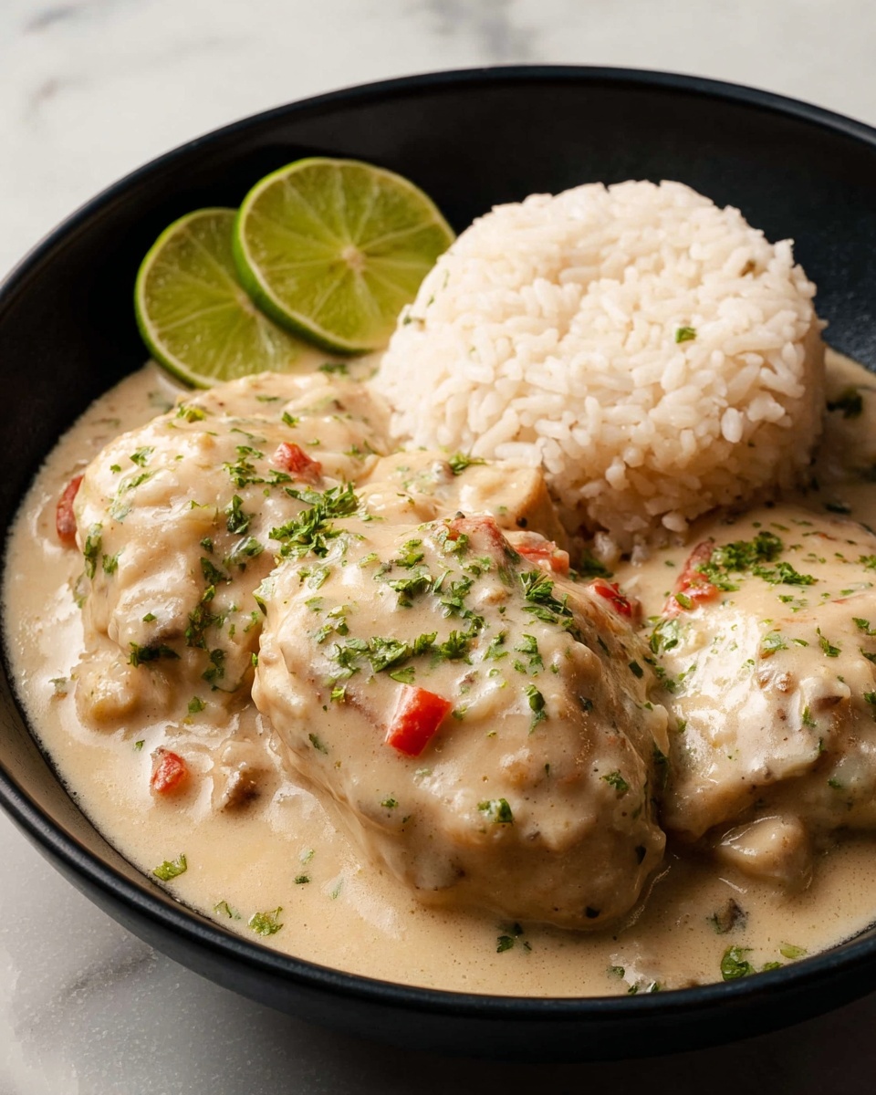A black bowl holds a dish with two main layers; the bottom layer is white rice with a slightly fluffy texture, topped mostly on one side by a creamy beige sauce that covers thick chunks of white fish. The sauce is rich and speckled with green herbs and small pieces of red chili, creating a soft contrast in color. Two fresh green lime wedges rest on the side of the rice. The bowl is placed on a white marbled surface. Photo taken with an iphone --ar 4:5 --v 7