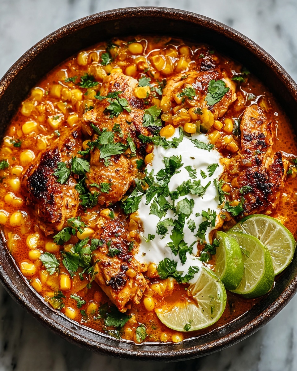 A dark bowl filled with three grilled pieces of brown chicken placed in the center, covered with yellow corn kernels and scattered green herb leaves. On the right side of the bowl, there are two dollops of white cottage cheese topped with more green herbs and two lime wedges resting on top. The chicken sits in a light brown sauce that spreads across the bottom of the bowl. The background is a white marbled texture photo taken with an iphone --ar 4:5 --v 7