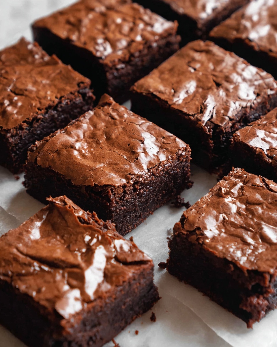 The image shows twelve square brownie pieces arranged in a 3 by 4 grid on white parchment paper, placed on a white marbled surface. Each brownie has a shiny, cracked top layer with a rich dark brown color and slightly textured edges. One piece in the top left corner is slightly lifted, revealing a dense and moist inside. Small crumbs are scattered around the brownies, creating a casual and homemade feel. A knife with a silver blade and wooden handle is partially visible in the lower right corner. Photo taken with an iphone --ar 4:5 --v 7