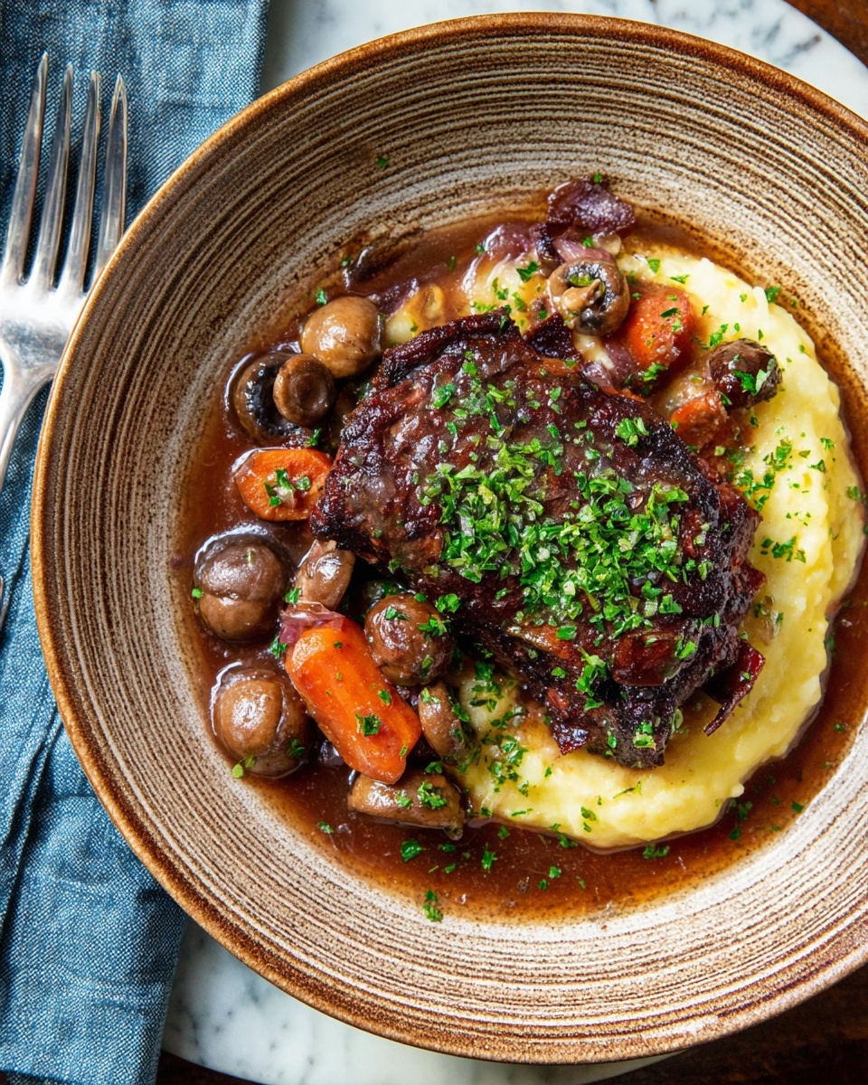 A rustic shallow beige bowl holds a rich dark brown roasted chicken leg on top of a mix of small onions, sliced carrots, and mushrooms. To the side, there is a smooth mound of creamy pale yellow mashed potatoes. The dish is garnished with bright green chopped parsley scattered over the meat and vegetables. The bowl sits on a white marbled surface with a blue cloth napkin visible in front of it, along with a fork and knife at the bottom left of the frame. photo taken with an iphone --ar 4:5 --v 7