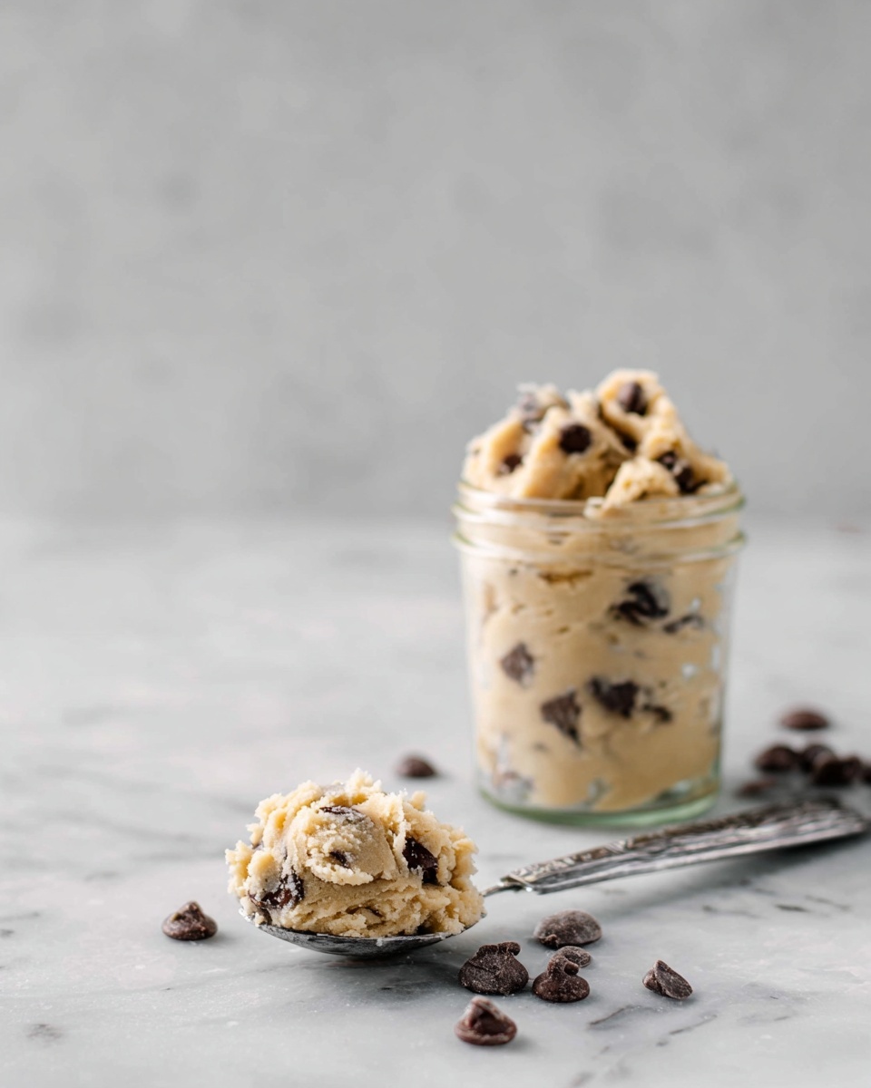 A small clear glass jar filled fully with light beige cookie dough mixed with dark brown chocolate chips, overflowing slightly over the jar’s rim. A shiny silver spoon is placed standing inside the dough on the right side, stuck deep into the dough. Some scattered dark chocolate chips are on a white marbled surface around the jar, and the background is soft gray with subtle round light patterns. photo taken with an iphone --ar 4:5 --v 7