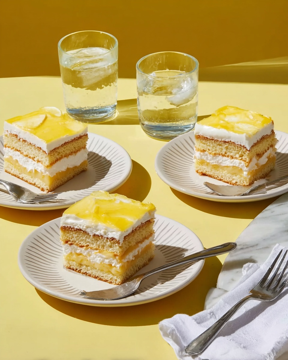 The image shows a slice of layered lemon dessert on a white plate with a pink and yellow pattern. The dessert has three main layers: a soft, light brown biscuit layer at the bottom, a thick white creamy layer in the middle, and a smooth, shiny yellow lemon topping. Behind the plate, there is a black rectangular dish with more lemon dessert, and one piece is missing from the corner. Two whole bright yellow lemons are placed next to the dish on the white marbled surface. A gold spoon rests on the right side of the plate, and a small dish with a yellow spread is visible on the left. photo taken with an iphone --ar 4:5 --v 7