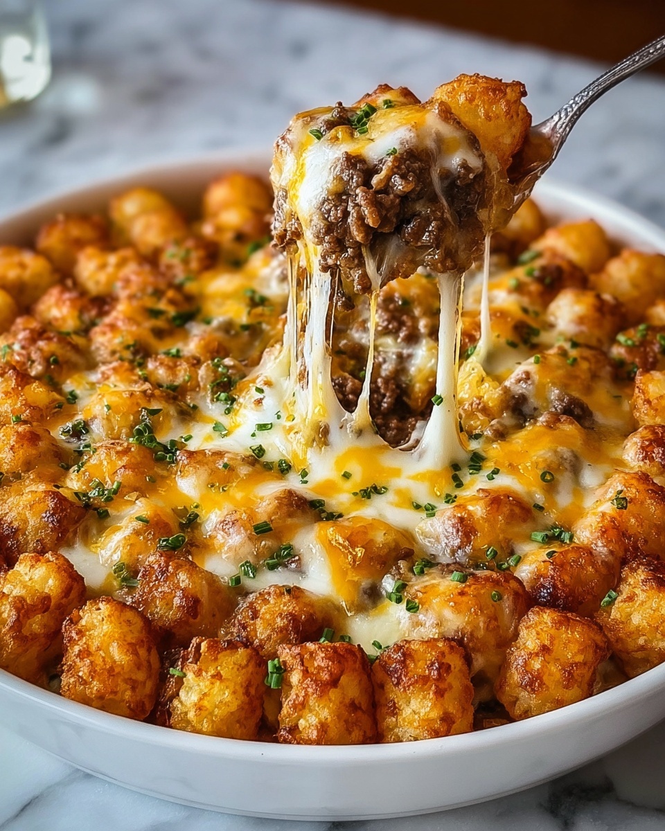 This dish is served in a white bowl with a white marbled surface background. It has three main layers: the bottom layer is dark brown cooked ground meat, the middle layer is melted gooey white and orange cheese that stretches as a fork lifts a portion, and the top layer is a thick coverage of golden brown crispy tater tots evenly spread out. The cheese is sprinkled with small green herb pieces, adding color contrast to the browned cheese and tater tots. The scene shows a close-up of a fork lifting a cheesy bite, revealing the layers clearly photo taken with an iphone --ar 4:5 --v 7