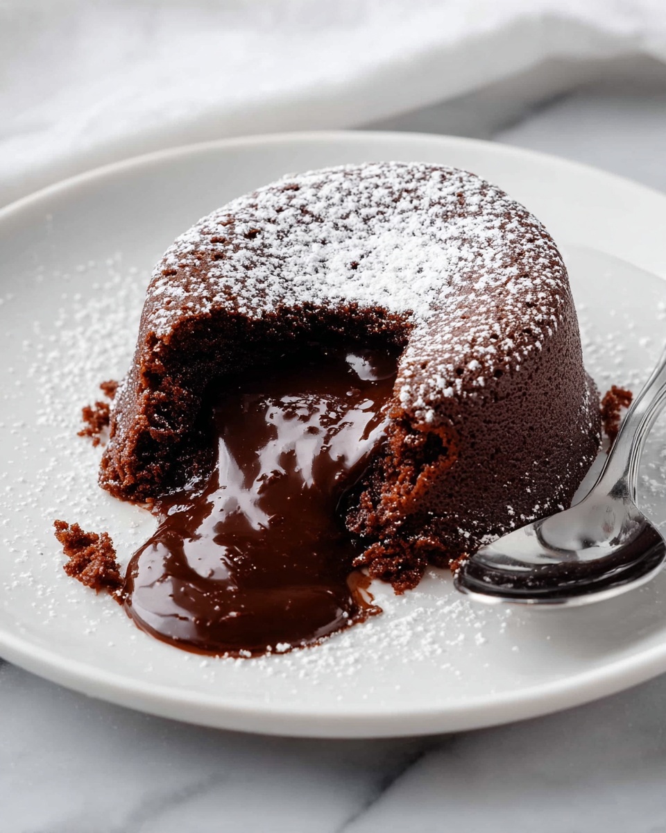 The image shows a single chocolate lava cake on a white plate, placed on a white marbled surface. The cake is round, with a rich dark brown color and a slightly rough texture on the outside. The top of the cake is dusted evenly with fine white powdered sugar. A portion of the cake is broken open, revealing a thick, glossy, dark chocolate liquid flowing out from the center. A silver spoon lies next to the cake on the plate. The photo taken with an iphone --ar 4:5 --v 7