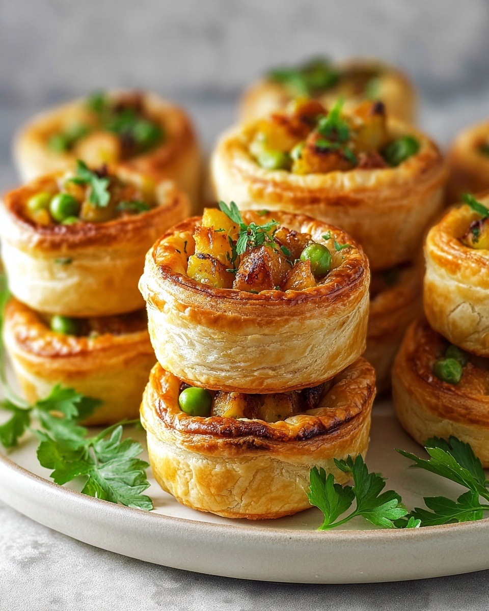 The image shows a white plate with eight round puff pastry shells filled with a colorful vegetable mixture. Each pastry has three layers, with a golden, flaky texture on the outside. The filling is made up of small orange cubes, green peas, and some dark specks, all slightly shiny. Green herb pieces are sprinkled over the filling, adding a fresh touch. The plate sits on a white marbled surface, and there are some green leaves around the plate. In the background, there are bottles of Diet Coke and a red Coca-Cola box with a Santa Claus image. A woman's hand is not shown but the focus remains on the puff pastries. Photo taken with an iphone --ar 4:5 --v 7