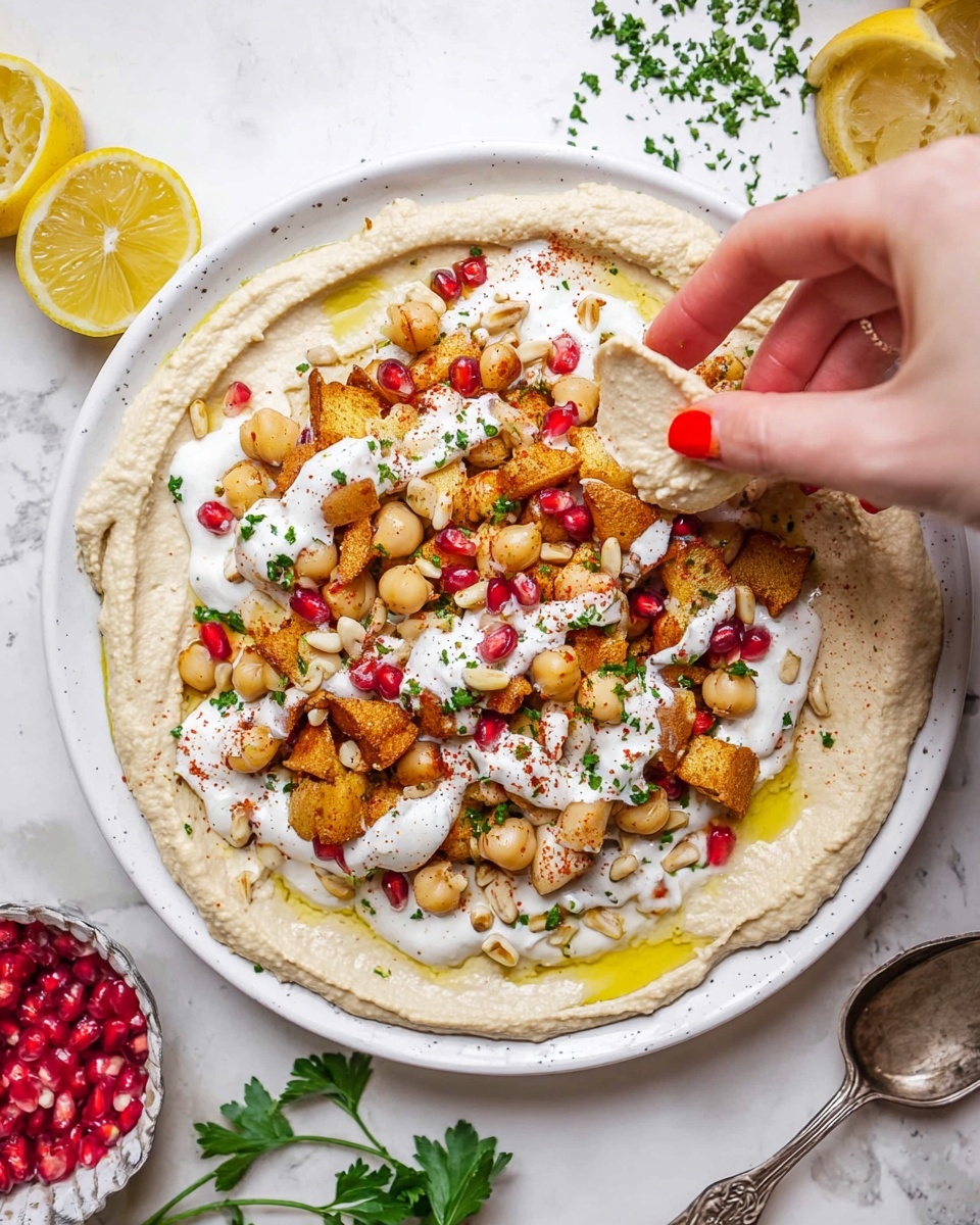A white plate shows a layered dish starting with a thick creamy beige hummus spread evenly across the base. On top of that lies scattered golden-brown crispy pita chips mixed with pale yellow chickpeas. The middle layer is covered with a generous amount of white creamy yogurt sauce drizzled with yellow olive oil. Bright red pomegranate seeds and green chopped parsley are sprinkled all over, with some light brown pine nuts adding texture. The plate is set on a white marbled surface with lemon slices, fresh green parsley, and a small bowl of pomegranate seeds nearby. Photo taken with an iphone --ar 4:5 --v 7