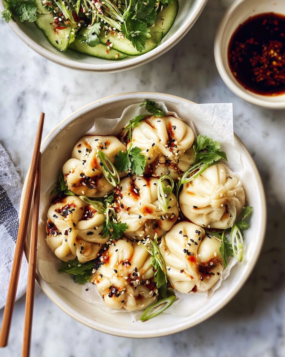 A close-up shows a woman's hand holding a soft steamed bun, split open to reveal its filling of cooked shredded chicken mixed with an orange sauce, giving a moist texture. The inside looks warm and juicy, with small bits of green herbs peeking through the filling. In the background, a white bowl lined with parchment paper holds several steamed buns that are round and pleated at the top, with a light yellowish color and hints of orange sauce and green garnish on them. The setup sits on a white marbled surface. Photo taken with an iphone --ar 4:5 --v 7