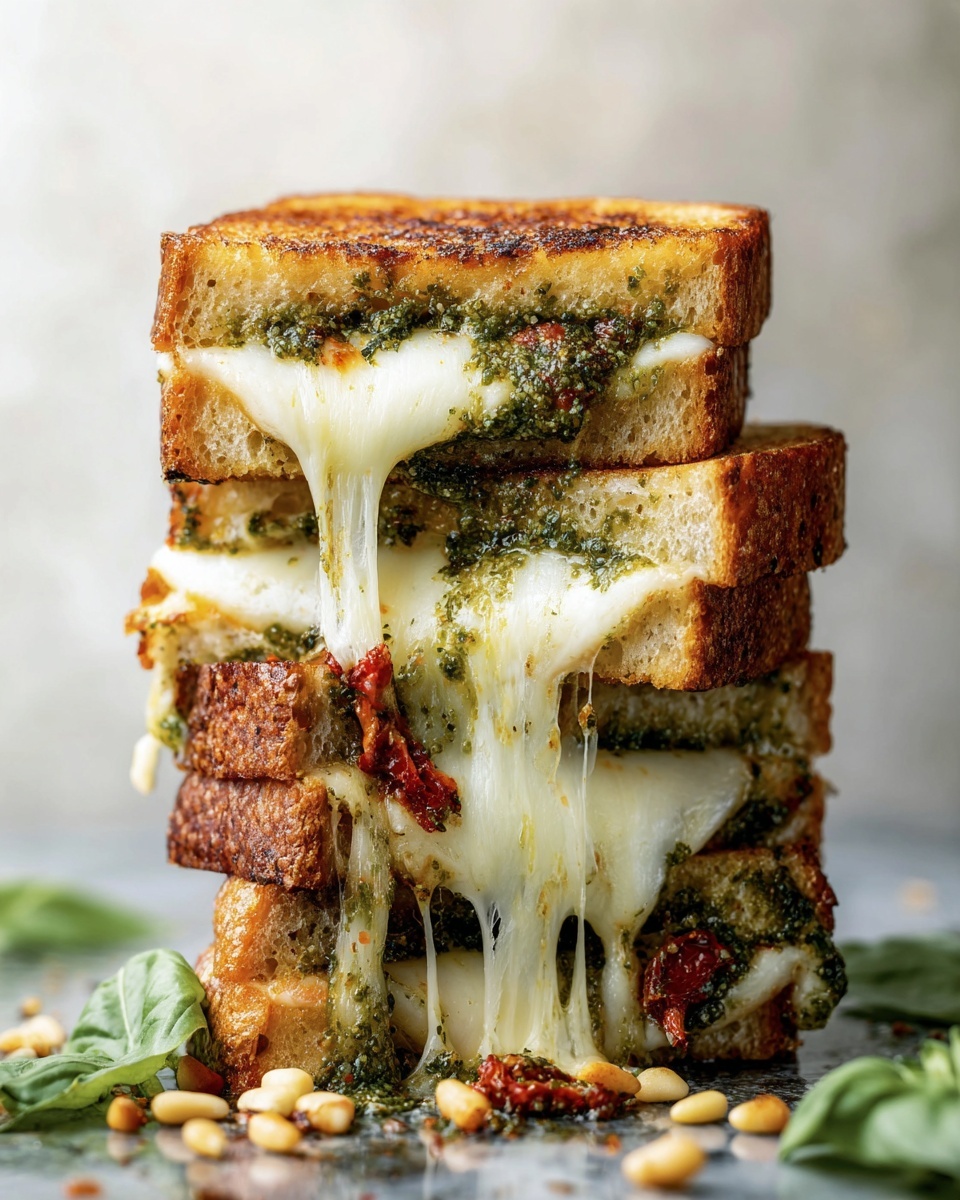 A close-up of a toasted sandwich held by a woman's hand, showing two layers of golden brown bread with a textured, crispy surface. Between the bread layers are melted white cheese and a vibrant green pesto sauce with small bits of red sun-dried tomatoes visible, the cheese stretching slightly as the sandwich is dipped into a bowl of smooth, bright orange tomato soup that has small green herb pieces floating on top. The bowl is white and placed on a white marbled surface. photo taken with an iphone --ar 4:5 --v 7