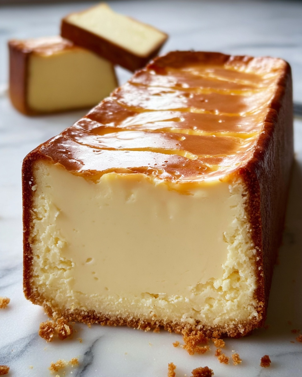 The image shows a thick slice of cheesecake with two main layers: a smooth, creamy light-yellow inside and a darker burnt brown top layer. The cheesecake slice sits on a white plate with a scalloped edge, placed on a white marbled surface. Next to the plate is the remaining rectangular cheesecake resting on parchment paper, with crumbs scattered around it. There is a green leaf and a small bunch of purple flowers near the cheesecake on the white marbled surface. Photo taken with an iphone --ar 4:5 --v 7