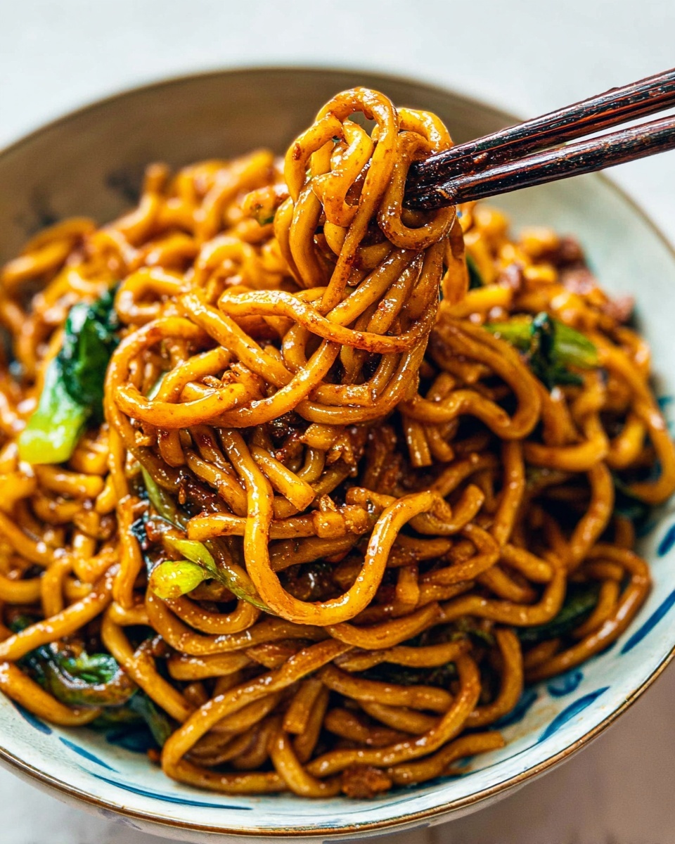 A close-up of thick, glossy orange-brown noodles lifted by dark wooden chopsticks above a white bowl filled with more noodles mixed with dark green leafy vegetables and small bits of browned sauce-covered filling. The noodles are shiny and moist, twisted around the chopsticks, and the bowl beneath them shows a mix of thick noodles and scattered vegetables on a white marbled surface. photo taken with an iphone --ar 4:5 --v 7