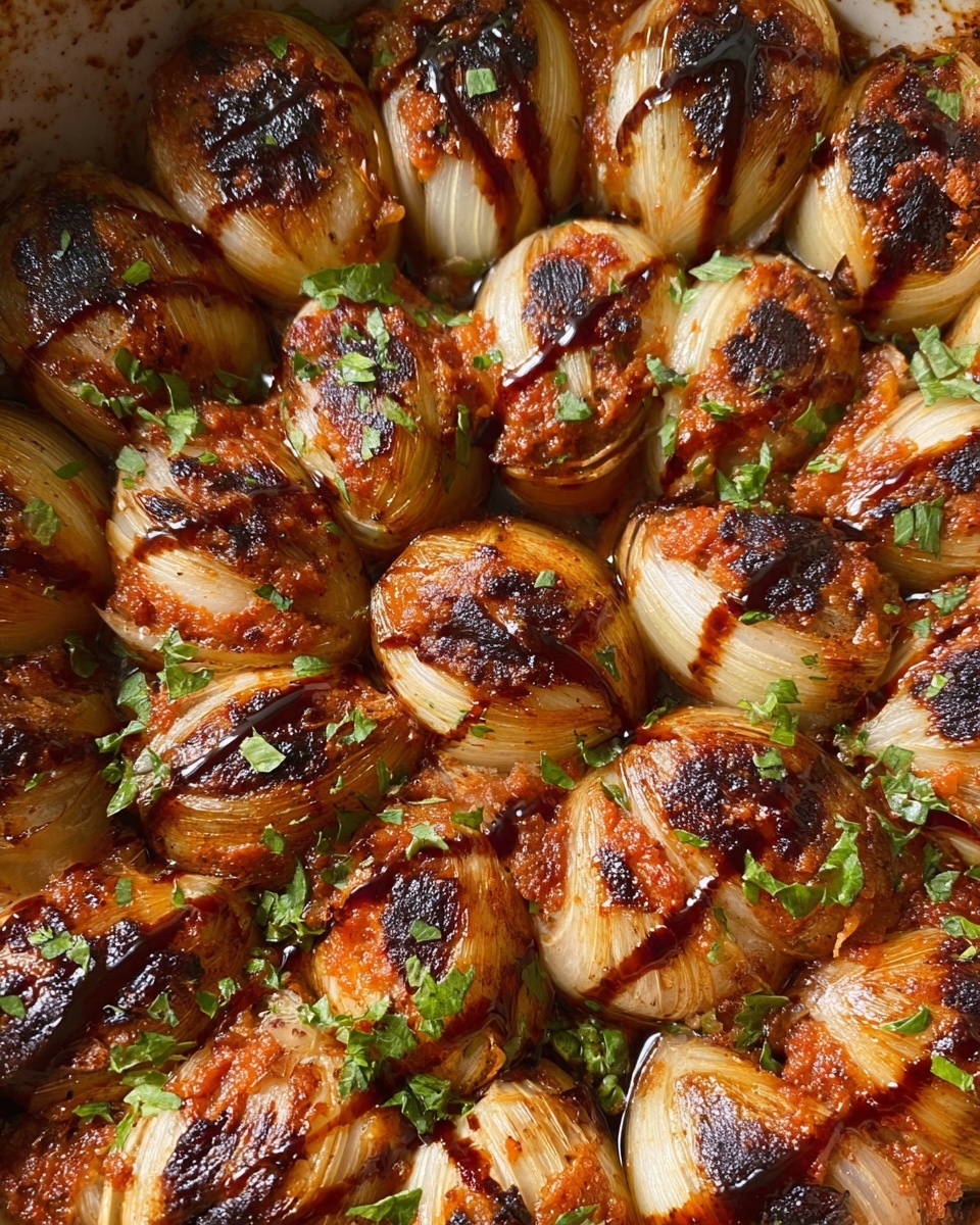 A close-up view of many roasted stuffed onions arranged tightly in a circular pattern, each onion having a golden brown and slightly charred outer layer, with visible layers of light orange and tan colors. The stuffed onions have a glossy sheen from oil or sauce, with some dark, sticky balsamic glaze lines drizzled randomly across them. Finely chopped green herbs are sprinkled over the top, adding a fresh contrast. The dish is placed on a white marbled surface. photo taken with an iphone --ar 4:5 --v 7