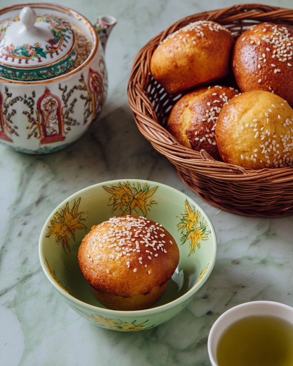 The image shows a round bamboo basket filled with six golden brown muffins topped with white sesame seeds. The muffins have a slightly cracked, textured surface with a warm, crispy edge and a soft center. The basket has a woven pattern and two handles that curve upwards. The background is a white marbled texture with part of a white ceramic teapot with colorful floral designs visible at the edge. The lighting highlights the muffins' warm color and sesame seed texture. photo taken with an iphone --ar 4:5 --v 7