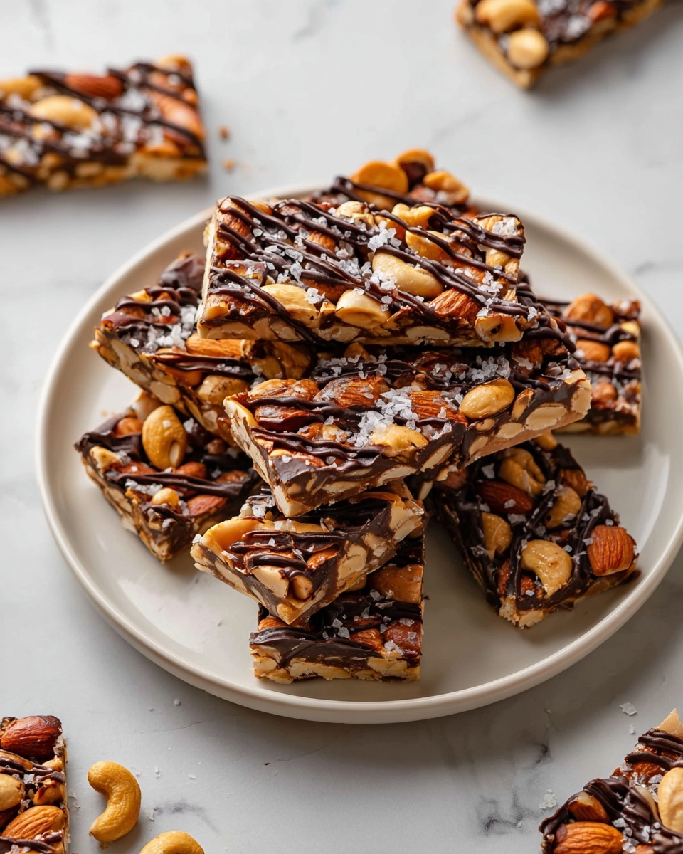 A square nut bar with three layers of nuts is shown on white parchment paper over a white marbled texture, placed on a wooden board. The top layer is a mix of whole roasted almonds, cashews, and peanuts, all in light to dark brown colors with a shiny, roasted surface. The bar is divided into six uneven pieces with clear cuts showing a compact, dense texture of nuts sticking together. The white parchment paper underneath adds contrast and there are no other visible layers under the nuts. photo taken with an iphone --ar 4:5 --v 7