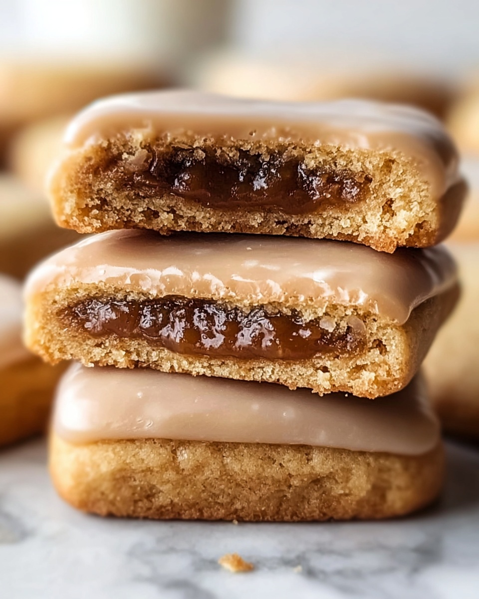 A close-up of a soft, thick cookie with a light brown color topped with a smooth, beige icing layer. The cookie is stacked with another cookie that is split open, showing its inside layers: a crumbly, light golden dough surrounding a dark brown, moist filling in the center. The cookies sit on a white marbled surface, with crumbs scattered around, and the background softly blurred with hints of a white glass and brown ceramic cup. photo taken with an iphone --ar 4:5 --v 7