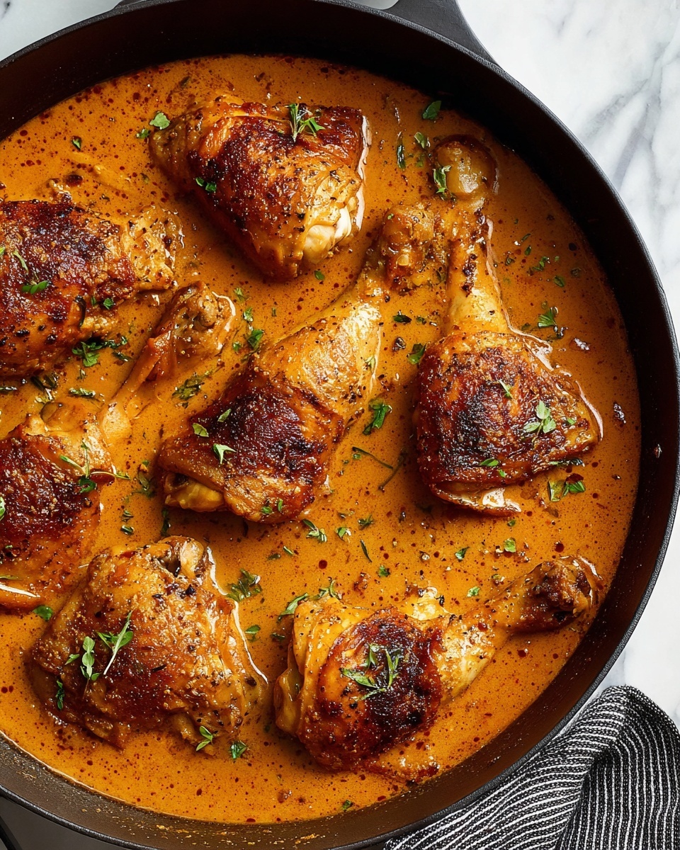 The image shows seven golden brown chicken pieces with crisp, slightly charred skin, cooking in a thick, rich orange sauce. The chicken pieces have black pepper and seasoning visible on the skin and are partially covered by the smooth sauce, which has a glossy texture. Small green herb leaves are sprinkled on top, adding a fresh contrast to the warm colors. The dish fills the entire frame with a close-up view, highlighting the crispy edges of the chicken and the creamy consistency of the sauce, all set on a white marbled surface. photo taken with an iphone --ar 4:5 --v 7