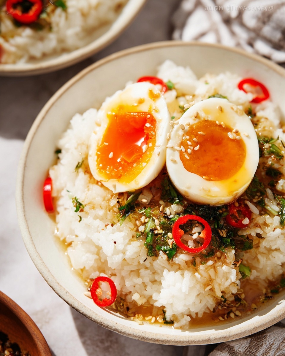 A white bowl filled with a base layer of fluffy white rice mixed with small green herbs and bits of garlic, topped with thin slices of red chili peppers and sprinkled with sesame seeds; on top, two halves of a marinated soft-boiled egg are placed, one positioned slightly behind the other, both showing bright orange, slightly runny yolks. The bowl sits on a white marbled surface, with a blurred white bowl of more eggs and a wicker basket in the background, photo taken with an iphone --ar 4:5 --v 7