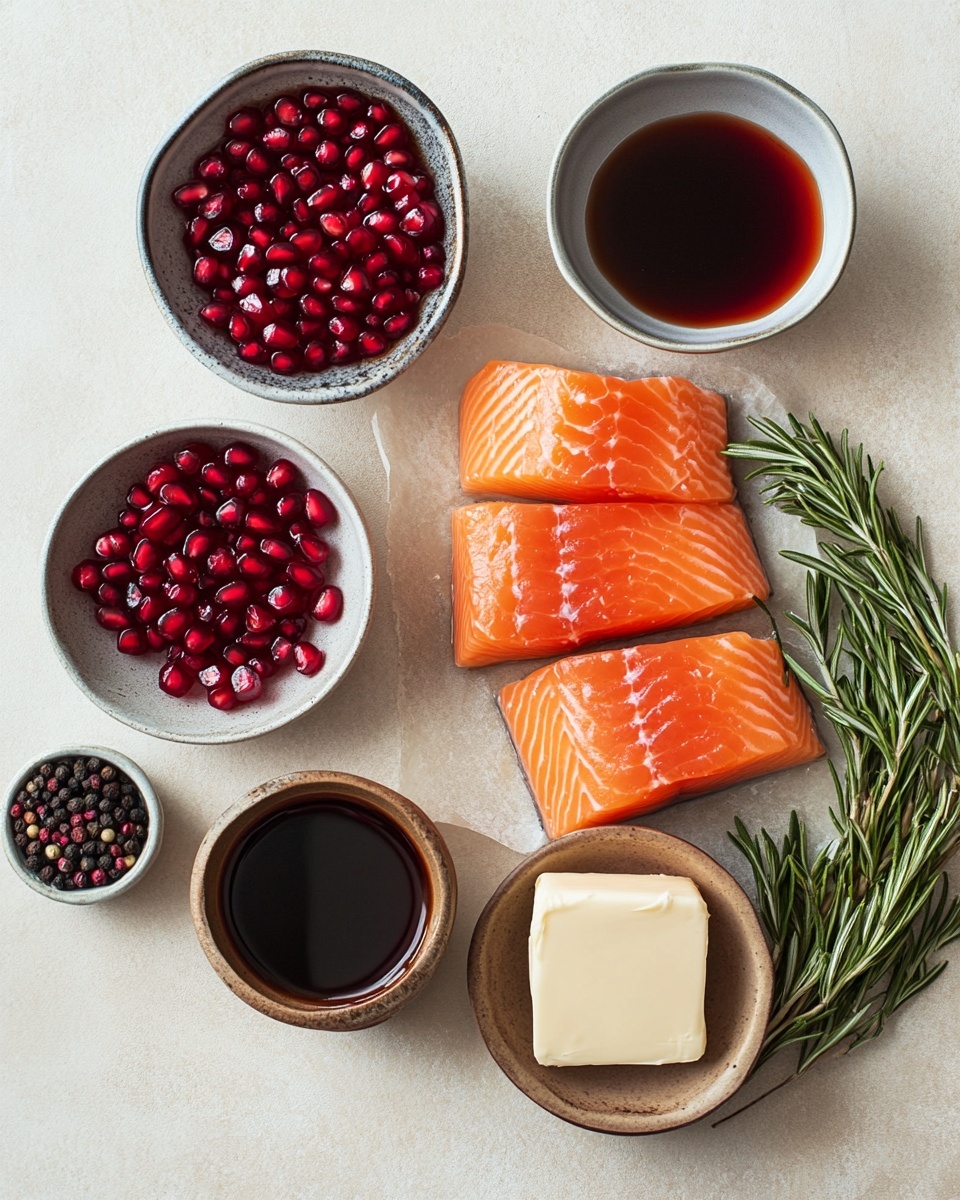 A cooked salmon fillet sits on a white plate, showing a crispy brown top layer with a glaze that shines with a sticky texture. The glaze is dark red-purple and spread evenly over the fish. Bright red pomegranate seeds and small pieces of crushed nuts are scattered thickly on top and around the fish, adding a pop of color and crunch. Fresh green rosemary sprigs are placed on one side of the fish, while orange slices rest at the back edge of the plate. The whole scene is set on a white marbled surface. photo taken with an iphone --ar 4:5 --v 7