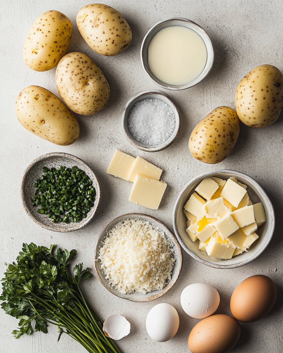 The image shows a dark baking tray filled with twelve golden brown mashed potato swirls, each topped with small green sprigs of thyme. The mashed potato swirls have a creamy, smooth texture with crispy, lightly browned edges that create a rose-like pattern on top. The swirls are evenly spaced, with a few extra thyme sprigs scattered on the tray. The scene is set against a white marbled surface with a white cloth and some green herb leaves partially visible at the bottom. Photo taken with an iphone --ar 4:5 --v 7
