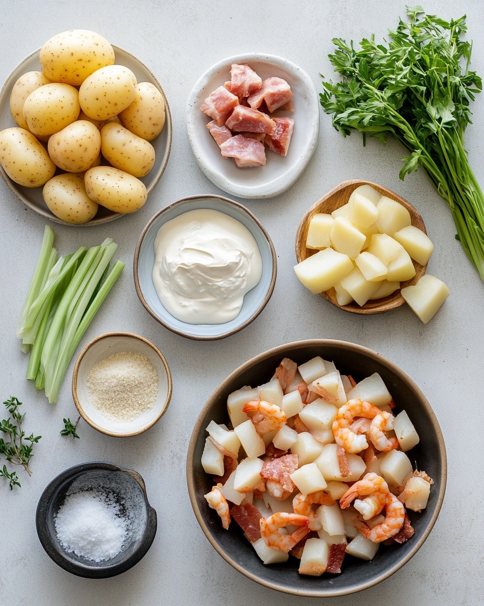 A white round pot filled with creamy soup showing a thick off-white base. Inside, there are several chunks of red-skinned potatoes, light pink shrimp, and small pieces of green celery, scattered throughout. The soup is topped with chopped fresh green parsley, adding bright color contrast. The pot sits on a white marbled surface with round buttered toasted bread slices at the bottom left and a few round crackers nearby. There is a bowl of fresh green lettuce salad with orange carrot slices at the top right corner. A red and white striped cloth is placed beside the pot on the left side. Photo taken with an iphone --ar 4:5 --v 7