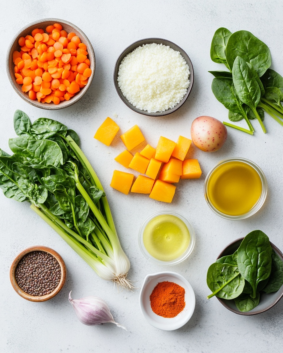 A close-up of a white bowl filled with thick orange lentil stew that contains visible chunks of carrots and lentils, topped with a swirl of white cream in the center and two slices of fresh green jalapeño pepper on the right side. There are small green herbs scattered on top, and a silver spoon rests inside the bowl on the left side, partially submerged in the stew. The bowl is placed on a white marbled surface with another bowl partially visible in the blurred background. photo taken with an iphone --ar 4:5 --v 7