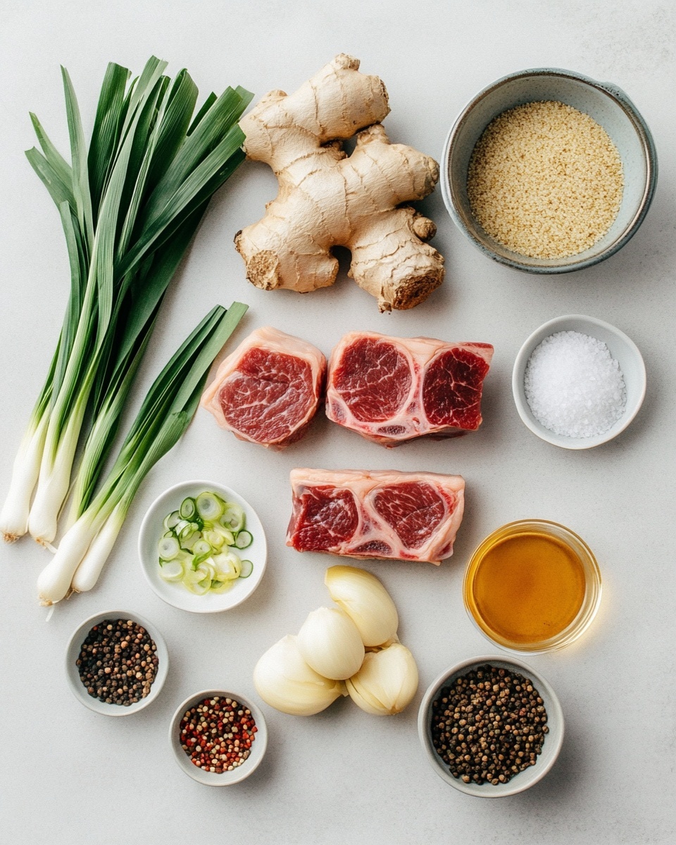 The image shows a white bowl with a black rim filled with a noodle soup. The soup has a layer of orange broth at the bottom, topped with white noodles that have a smooth texture. On top of the noodles, there are slices of brown meat arranged around the bowl’s edge. Bright green chopped spring onions and fresh dark green herbs rest on the noodles, adding color contrast. A pair of light brown wooden chopsticks rests diagonally on the bowl's rim. The setting includes another white bowl with a black rim partially shown on the right containing slices of meat, and some green herbs scattered on a white marbled surface in the background. Photo taken with an iphone --ar 4:5 --v 7