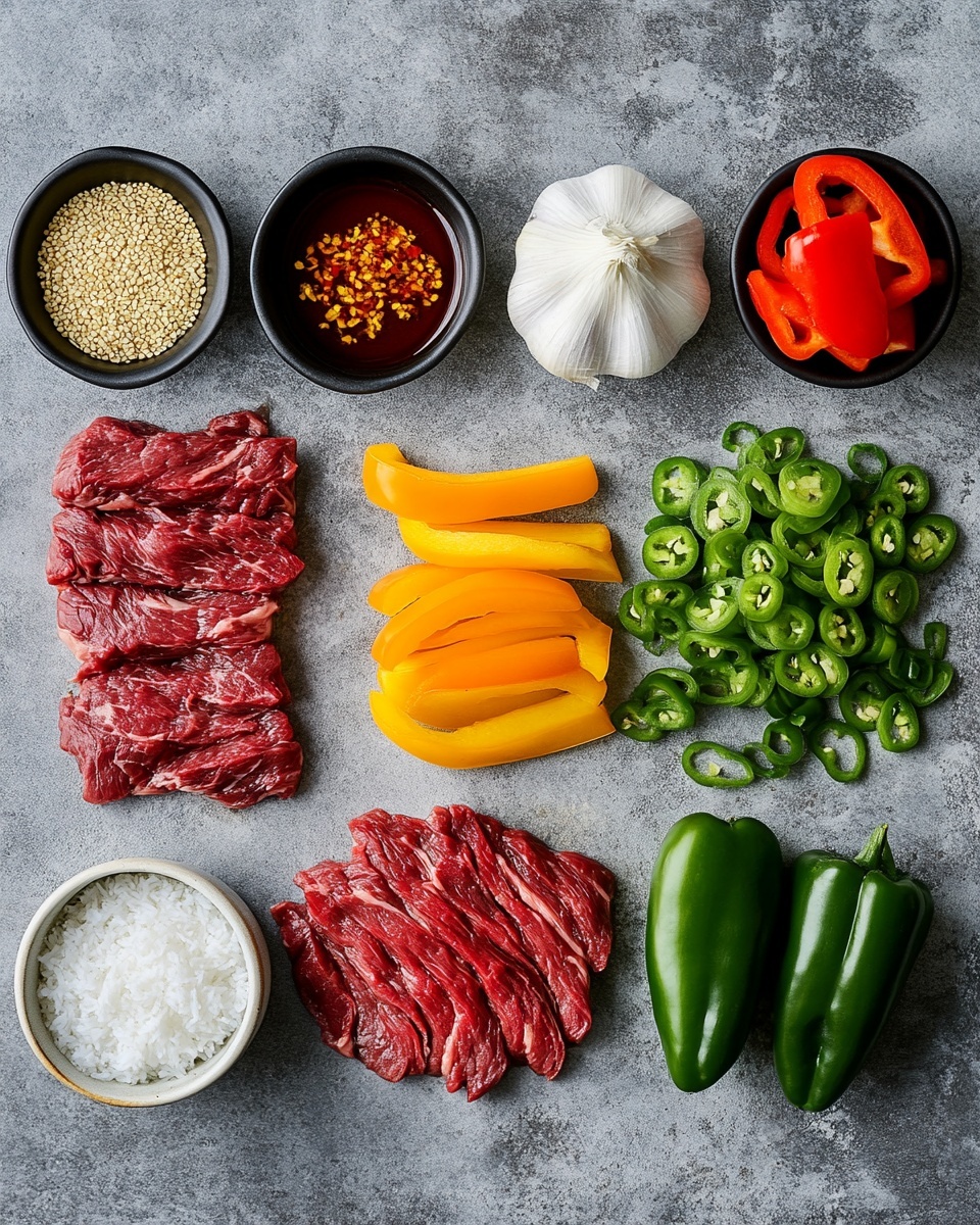The dish shows many slices of dark brown beef covered with shiny sauce spread evenly over the meat. Mixed with the beef are long, thin strips of green and red bell peppers, giving a bright contrast to the darker beef. The ingredients fill a white bowl with a dark rim, and the background is a white marbled surface. The beef looks tender and moist, while the peppers add fresh and crisp texture. photo taken with an iphone --ar 4:5 --v 7
