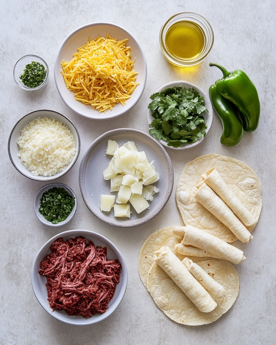 On a white rectangular plate on a white marbled surface, there are eight rolled crispy golden brown tacos arranged in two rows. Each taco is tightly filled with dark, tender meat that slightly peeks out from the ends. On top of the tacos, there is a generous layer of light green shredded lettuce, followed by a layer of finely shredded pale orange cheese. Small bright red diced tomatoes are scattered on the cheese. The entire dish is drizzled with smooth, white creamy sauce in thin lines across the length of the tacos. Two bright green lime wedges sit at the top left and bottom right corners of the plate. photo taken with an iphone --ar 4:5 --v 7
