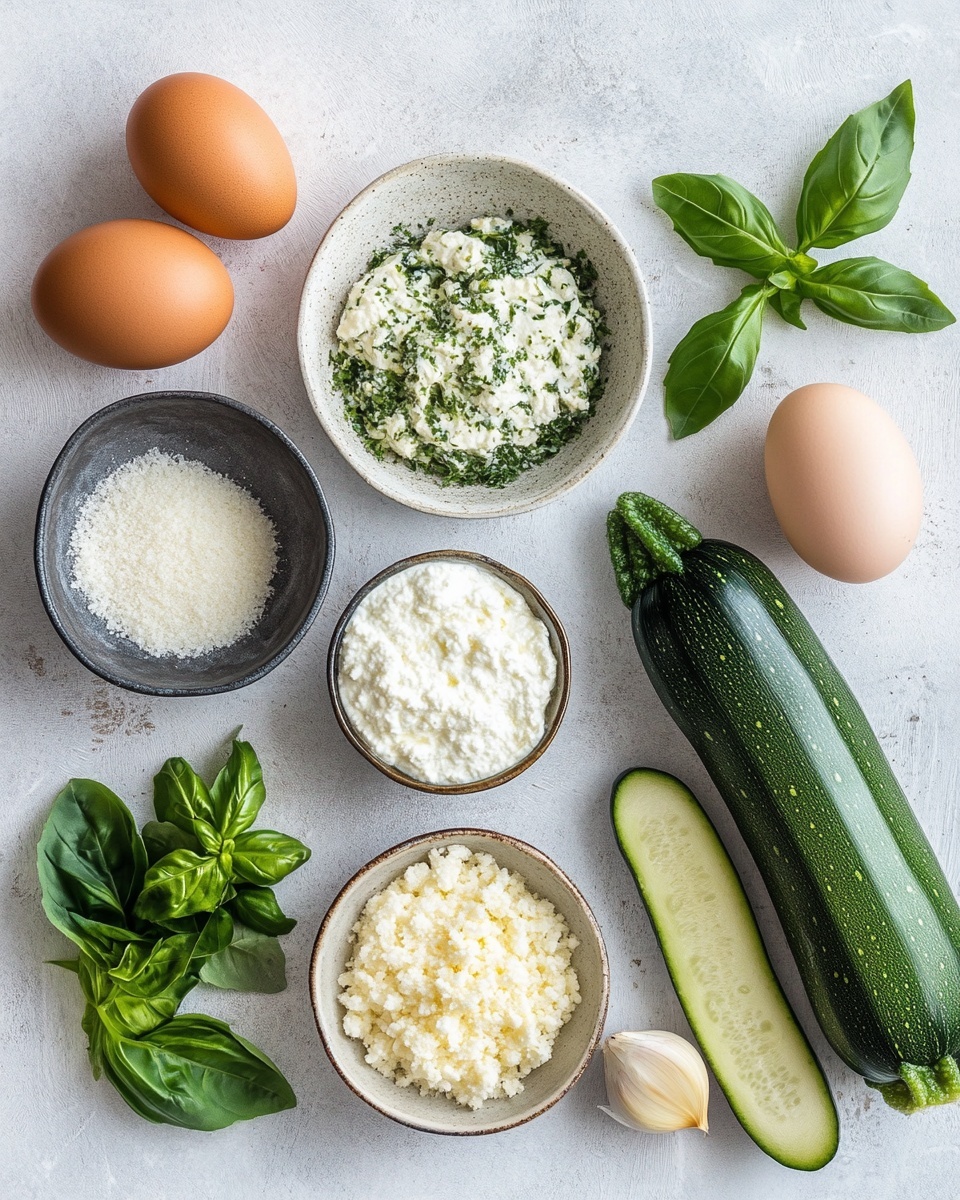 The dish is a skillet filled with rolled zucchini slices layered over a red tomato sauce. Each roll is topped with melted white cheese that has a smooth, slightly browned texture. The zucchini is light green with dark green edges, and the tomato sauce peeks through the cheese and zucchini layers, creating a vibrant red and white contrast. Fresh green basil leaves are placed on top for decoration. The skillet is black cast iron resting on a white marbled surface with a beige cloth nearby. A silver serving spatula is partially under some of the zucchini rolls. photo taken with an iphone --ar 4:5 --v 7