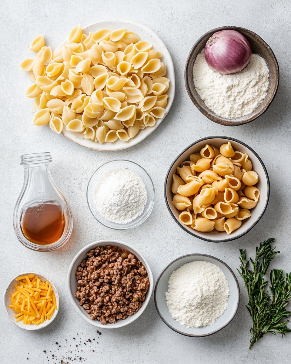 This image shows a white round pan filled with a baked macaroni and cheese dish. The top layer is a mix of cooked elbow macaroni in a golden brown cheesy sauce with bits of browned ground meat scattered all over. The texture looks creamy with some slightly crispy edges around the pan. There is a silver serving spoon resting inside the pan on the left side. The pan sits on a light wood board placed on a white marbled surface with thin dark lines. To the left is a teal cloth and to the right, there is a white bowl with fresh green lettuce and red cherry tomato halves. Two clear glasses with light yellow liquid are behind the pan. photo taken with an iphone --ar 4:5 --v 7