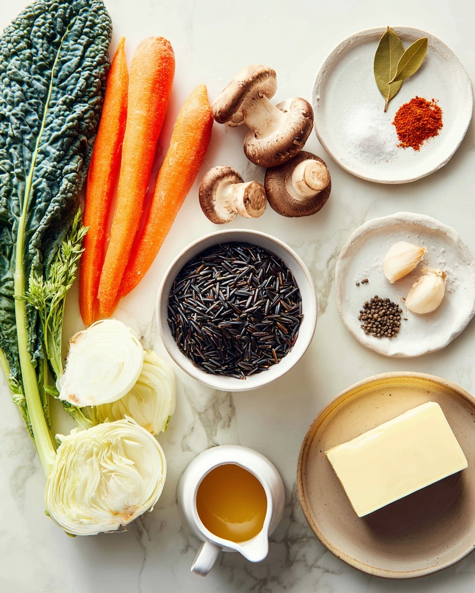 The image shows a large white pot with a thick creamy soup inside. The soup has several colorful layers: bright orange carrot slices, dark brown mushroom pieces, small green leafy bits, and long grains of wild rice scattered throughout. The creamy broth is light beige with specks of black pepper and herbs sprinkled on top. The pot is set on a white marbled surface with a beige cloth next to it. Photo taken with an iphone --ar 4:5 --v 7