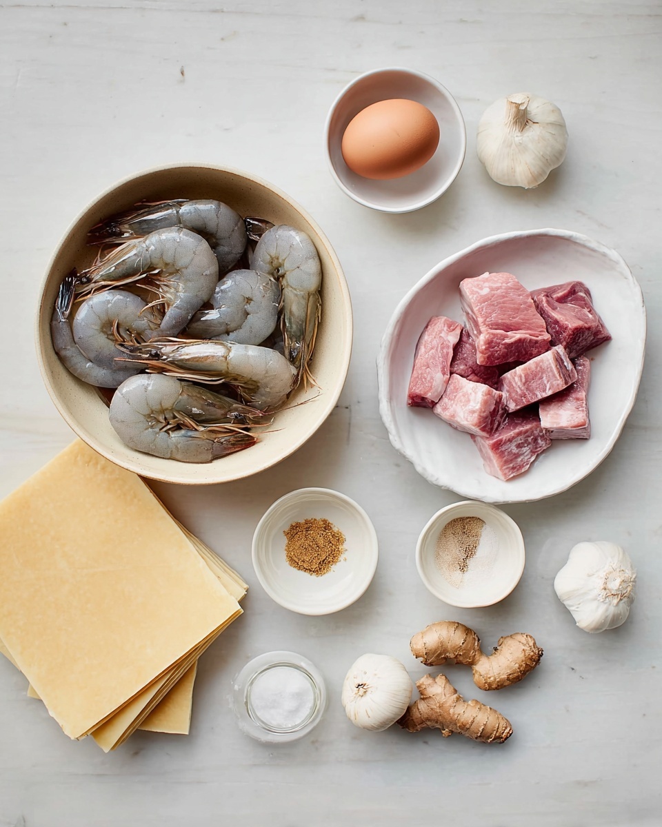 On a white plate with black rings near the edge, there are four golden brown fried shrimp wrapped in crispy layers, each showing the orange shrimp tail sticking out on one side. To the left of the shrimp, there is a small white bowl filled with red sweet chili sauce and next to it, four slices of fresh green cucumber are neatly placed in a row. The plate sits on a white marbled surface, and a folded dark blue cloth napkin is visible in the background. Photo taken with an iphone --ar 4:5 --v 7