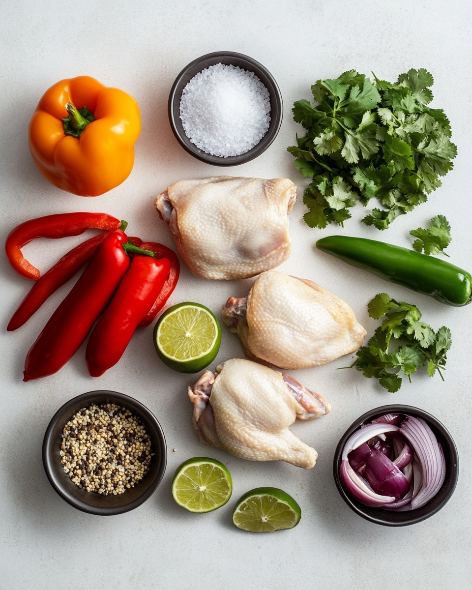 The image shows a white cast iron pot filled with cooked chicken pieces. There are about ten pieces, including drumsticks and parts with skin that is browned with a slightly shiny texture. The chicken sits in a dark brown sauce with visible bits of herbs mainly green parsley sprinkled on top, and pieces of vegetables like red and green peppers underneath the chicken. The pot’s interior is light colored, showing stains from the cooking process. The pot handle is visible on the left. The pot is placed on a white marbled surface with a red and white striped cloth on the right edge. Photo taken with an iphone --ar 4:5 --v 7