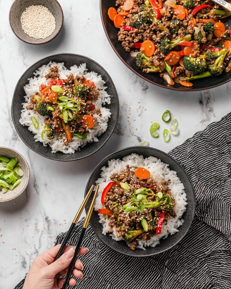 Spicy Ground Beef Stir-Fry Bowl with Garlic Veggies & Steamy Rice Recipe