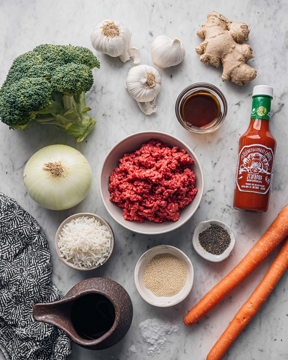Two black bowls each have two layers: a base layer of fluffy white rice topped with a mixture of ground meat, bright orange carrot slices, green broccoli pieces, red pepper strips, and cooked onions, garnished with green onion slices and white sesame seeds. A larger bowl with the same stir-fry mix is placed near the top right, on a white marbled surface with a black and white striped cloth underneath. Two pairs of black and gold chopsticks rest on the bowls, one pair held by a woman's hand reaching from the bottom right. Small bowls of green onion slices and white sesame seeds are scattered nearby. Photo taken with an iphone --ar 4:5 --v 7