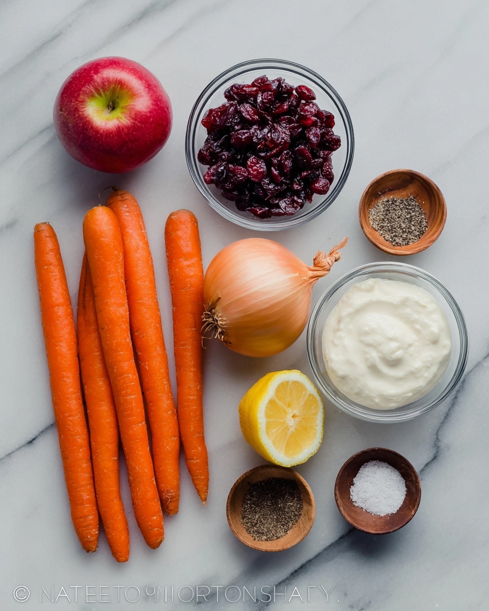 The image shows a white marbled surface with bright orange whole carrots arranged in a row on the left side. Above the carrots, there is a red apple with a small green patch near its stem. To the right of the apple, a small clear glass bowl is filled with dark red dried cranberries. Below the cranberries, there is a whole yellow onion. Next to the onion, towards the right side, a half lemon with a bright yellow rind and a juicy, pale yellow inside faces upwards. Above the lemon, there is a small clear glass bowl filled with smooth white cream. To the far right, there are two small wooden bowls: the top one contains salt and the bottom one contains black pepper. Below these wooden bowls, a small clear glass bowl holds more black pepper. The whole setup is neatly arranged on the white marbled background. Photo taken with an iphone --ar 4:5 --v 7
