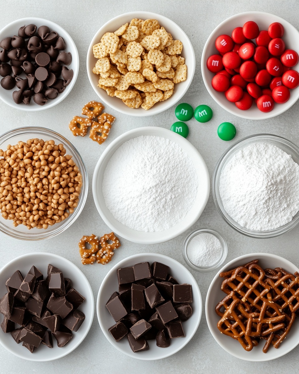 A large white bowl is filled with a mixture of small square-shaped cereal pieces covered in white powdered sugar, scattered with red and green candy-coated chocolates and small round chocolate peanut butter cups. Surrounding the bowl on the white marbled surface are a few small pretzels and more red and green candy-coated chocolates. The overall color palette is white, brown, red, and green, creating a festive look. photo taken with an iphone --ar 4:5 --v 7