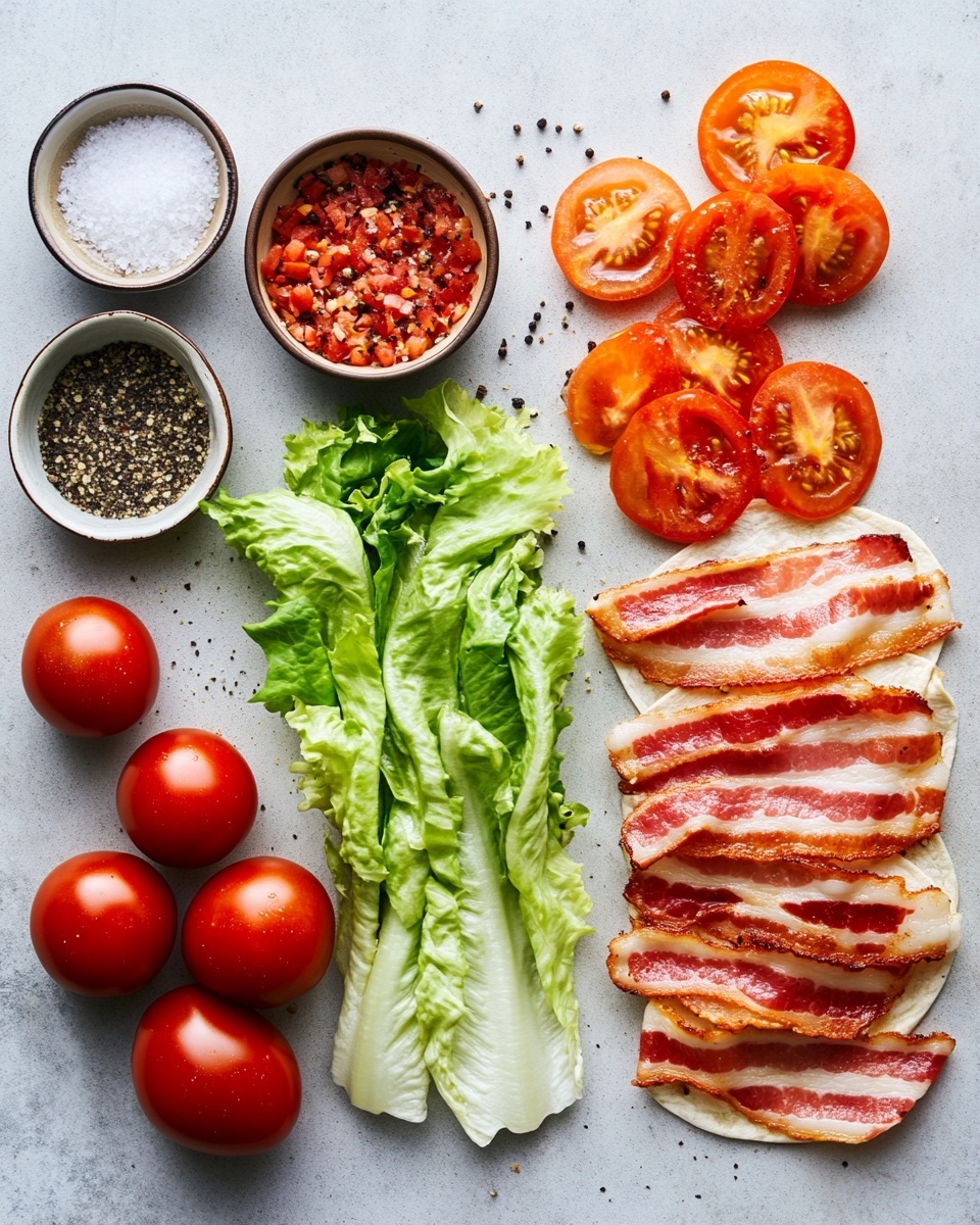 Two toasted wraps cut in half, placed side by side on a white plate on a wooden table. Each wrap has a browned outer layer with visible grill marks. Inside, the layers include bright green lettuce at the top, followed by red tomato pieces, creamy white sauce, and crispy brown bacon strips at the bottom. The wraps are close to the camera, showing the freshness and texture of the ingredients. The background is softly blurred with dark tones, and the surface underneath is changed to a white marbled texture. photo taken with an iphone --ar 4:5 --v 7
