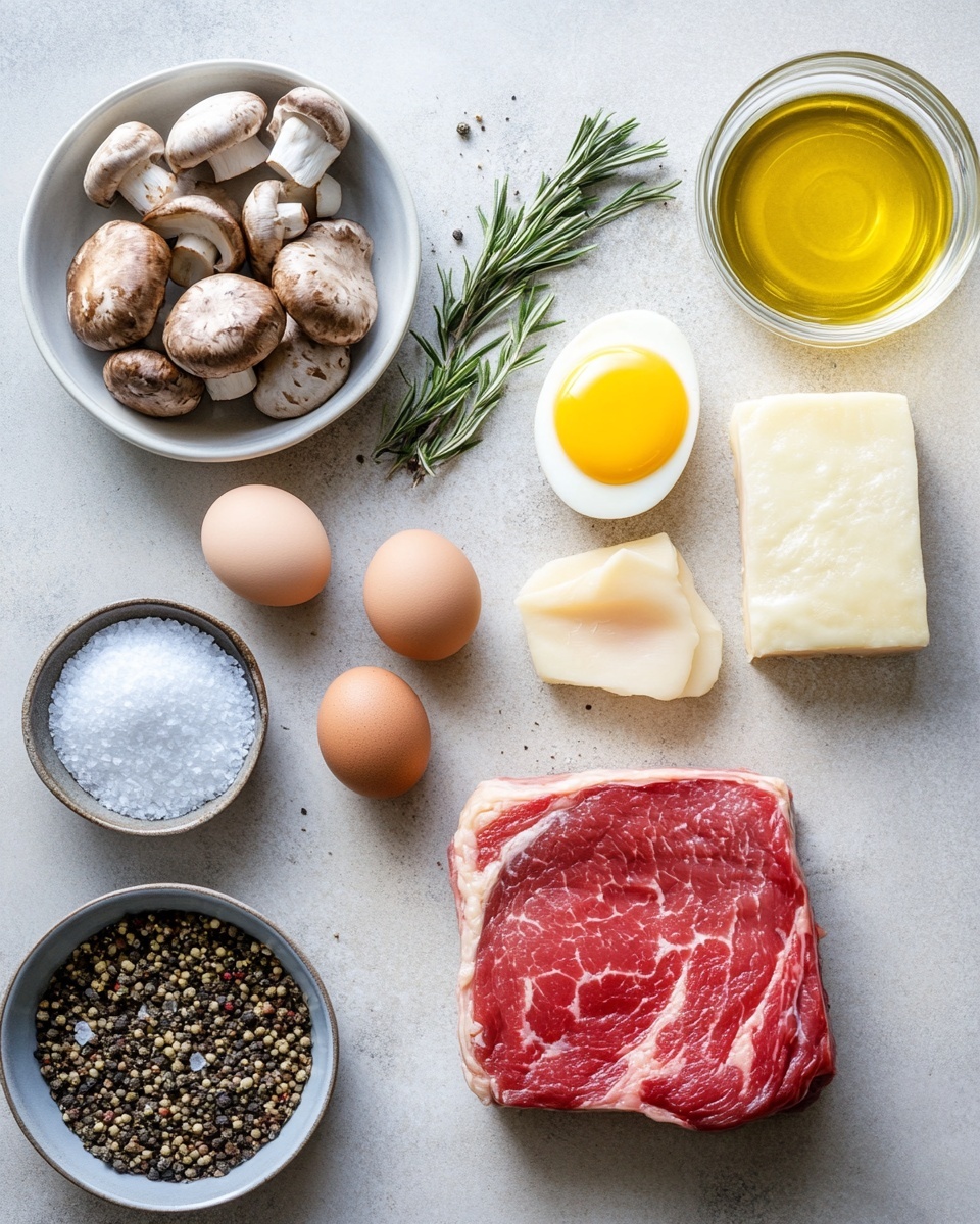 The image shows a sliced beef Wellington on a light wooden cutting board with a few sprigs of fresh rosemary placed in front. The dish has two visible slices with three main layers: the center layer features a thick, red cooked beef, surrounded by a thin dark layer of mushroom duxelles, and a golden brown flaky pastry crust on the outside sprinkled with herbs. In the background, there is a white bowl filled with fresh green arugula leaves, placed on a white marbled surface. photo taken with an iphone --ar 4:5 --v 7