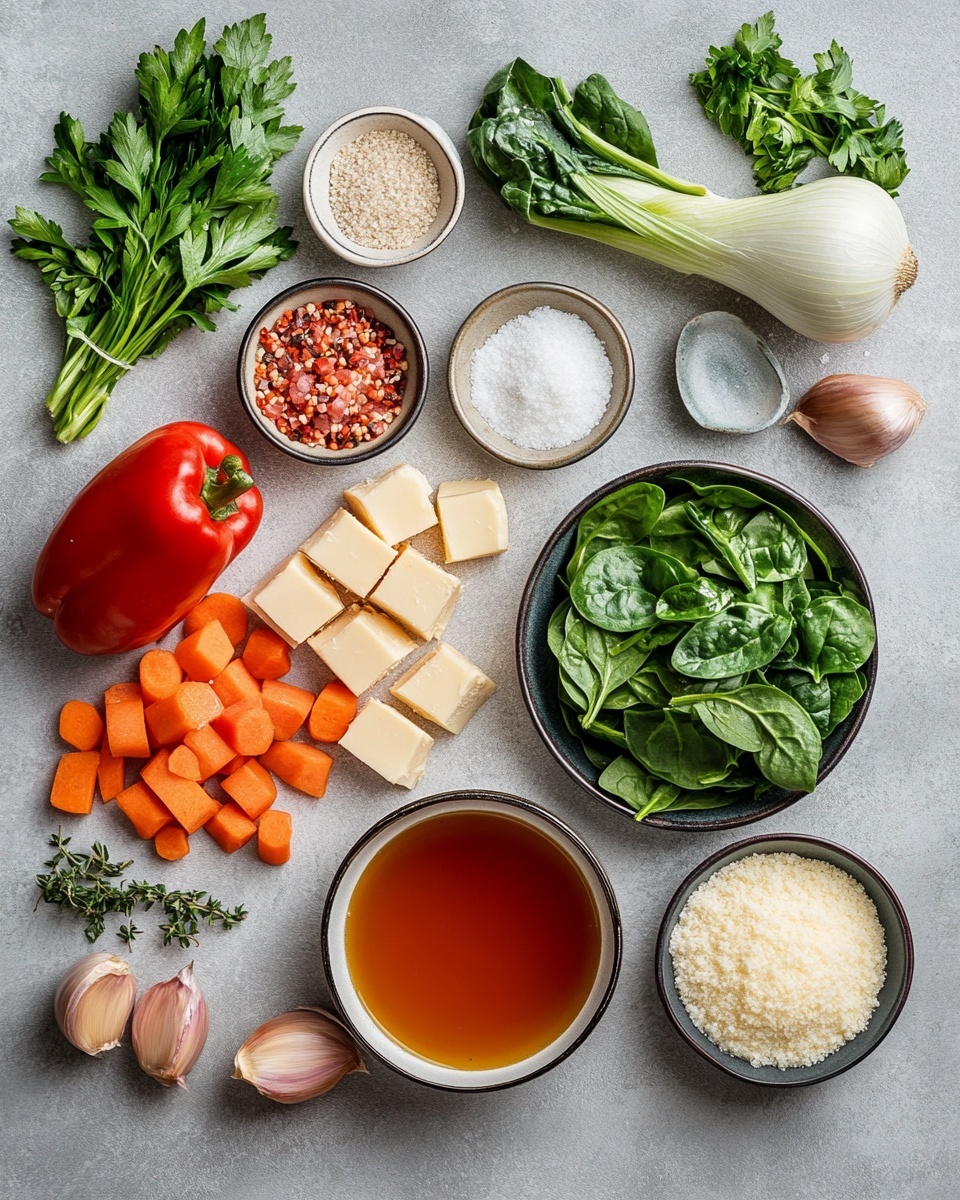 A close-up view of a pot filled with colorful vegetable soup. The soup has a light orange broth with visible flakes of black pepper and spices. Floating in the broth are various chunky vegetables including bright orange carrot slices, green zucchini pieces, celery, white beans, and red bell peppers, along with fresh dark green spinach leaves. A ladle is lifted above the pot, showing a mix of these vegetables in the broth, with a few pieces of white chicken meat. The pot is set on a white marbled surface. photo taken with an iphone --ar 4:5 --v 7