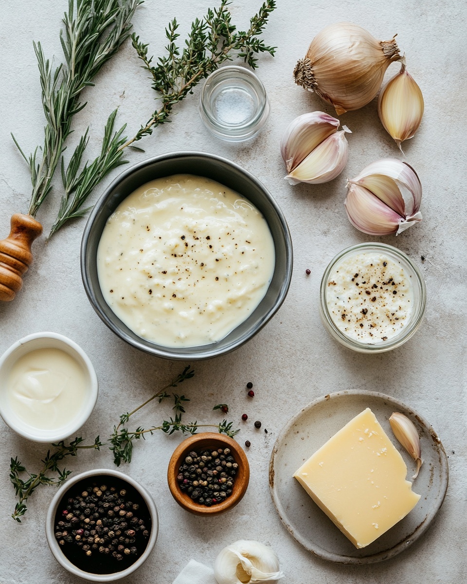 A shiny silver pot filled with a thick pale yellow creamy sauce with small black specks, held steady by a right woman's hand gripping the pot handle, while a left woman's hand stirs the sauce with a wooden spoon. To the upper right, there is a wooden board with uneven chunks of blue cheese and a knife resting on it, and to the upper left, a dark bottle stands on the textured rustic brown wooden surface. The whole scene is set on a white marbled surface. photo taken with an iphone --ar 4:5 --v 7