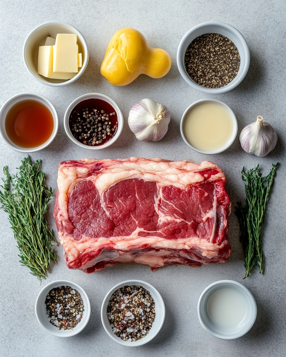A large, dark brown roasted meat sits in the center of a gray cast-iron skillet, covered with a crispy, textured crust made of spices and herbs. Below the meat, there are several pieces of soft, golden-brown caramelized onions arranged around the edges of the skillet, soaking up the rich juices that have collected at the bottom. The skillet rests on a white marbled surface with sprigs of fresh green rosemary nearby, and a white cloth partially folded in the foreground. Photo taken with an iphone --ar 4:5 --v 7