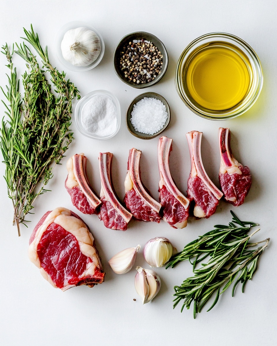 A white plate holds seven grilled lamb chops arranged in a loose circular pattern, each chop with a brown, slightly charred crust and a long bone extending outward. The lamb meat is dark brown with grill marks and is sprinkled with small green rosemary leaves and coarse black pepper. The plate sits on a white marbled surface with a small white bowl of coarse salt and pepper nearby, a few rosemary sprigs scattered around, and wooden-handled cutlery resting beside a white plate stack and a folded beige striped cloth. photo taken with an iphone --ar 4:5 --v 7