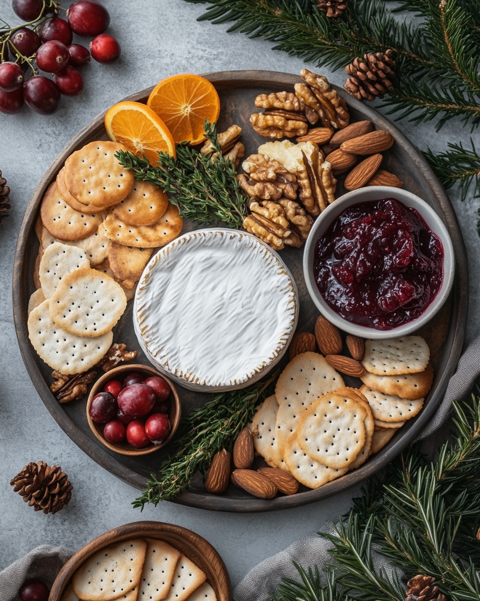 A round camembert cheese sits in the center of a shallow white bowl, its white rind visible around the sides and a section showing creamy, melted pale yellow interior oozing out. On top, a thick layer of dark red cooked cherries is spread, dripping slightly down the cheese edges with a red syrup. The cherries are sprinkled with small chopped light green pistachios and thin orange zest strips. A few green rosemary sprigs and fresh red cherries are placed on the side inside the bowl, along with some beige crackers leaning on the cheese. The bowl is set on a smooth white marbled surface with a glass jar of amber honey and a stack of white plates blurred in the background. photo taken with an iphone --ar 4:5 --v 7