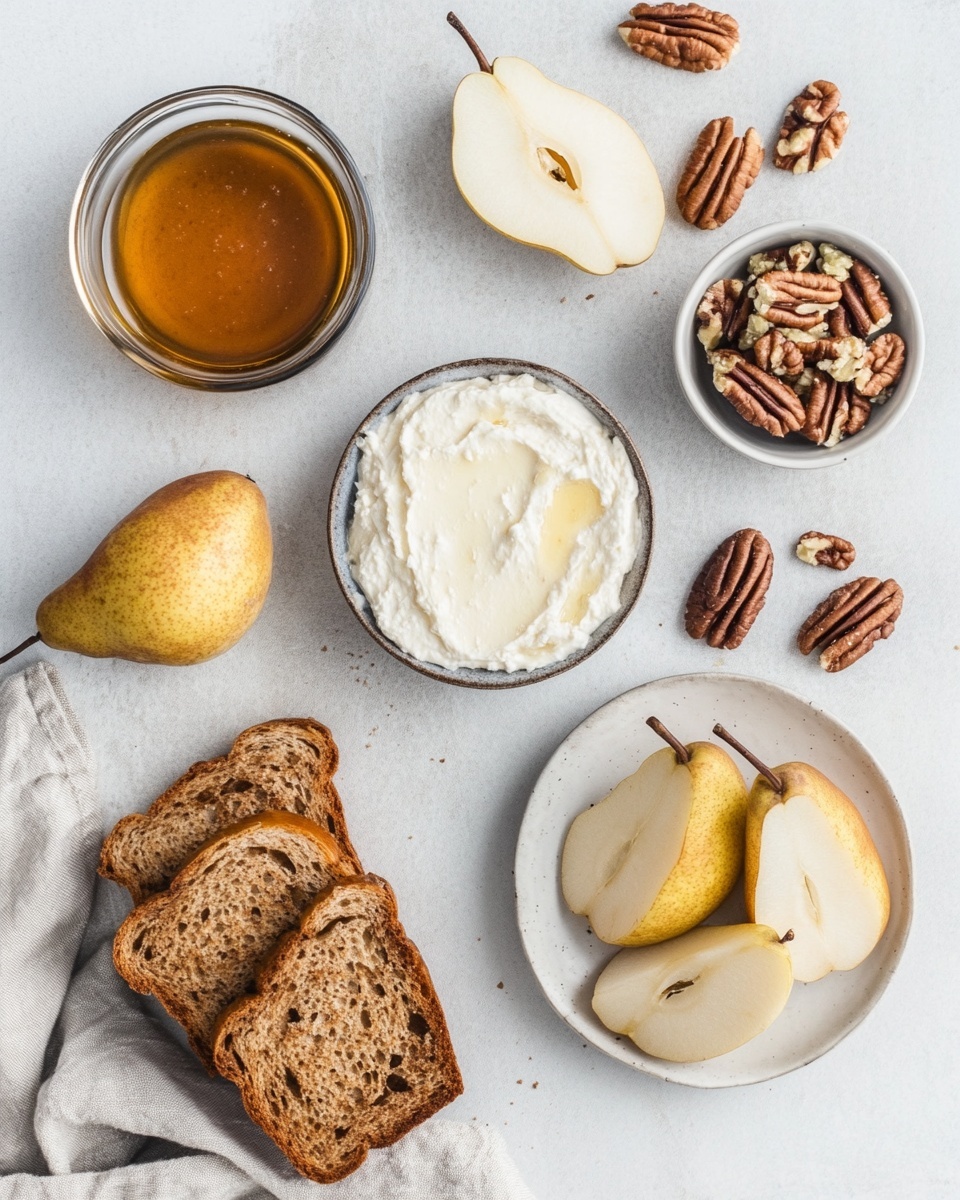 The image shows a sandwich cut in half and stacked on a white plate with a white marbled background. The sandwich has three main layers: the top and bottom layers are toasted raisin bread, showing visible dark raisin spots and a golden-brown toasted texture. Between the bread slices, the middle layer consists of light-colored melted cheese, a layer of green sprouts, and a spread that is slightly creamy and off-white. There are a few loose sprouts on the plate around the sandwich. In the background, there is a blurred green pear and some more sprouts. photo taken with an iphone --ar 4:5 --v 7