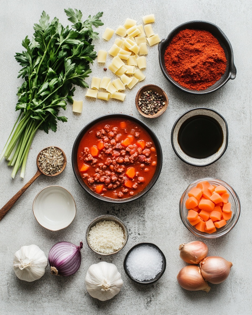A white pot filled with a thick, red tomato soup, rich with small round pasta pieces, kidney beans, diced orange carrots, and ground meat chunks. A silver ladle lifts a portion of the soup, showing its chunky and hearty texture filled with many small ingredients. Surrounding the pot are stacked white bowls with three silver spoons inside, fresh green herbs on a white marbled surface, and a white cloth-lined basket holding uneven slices of brown crusty bread. A woman's hand partially holds a toaster in the bottom right corner. The whole scene rests on a white marbled background with soft natural lighting. photo taken with an iphone --ar 4:5 --v 7